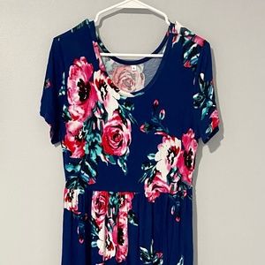 Women's Short Sleeve Floral Print Maternity Dress with Pockets Navy & Pink